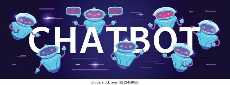 Chatbot banner or poster, website header design with cartoon robots. Virtual assistant bot or chatbot customer support service banner, flat vector illustration.