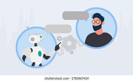 Chatbot banner. A robot in dialogue with a man. Suitable for apps, sites and topics related to automatic replies and artificial intelligence. Vector.
