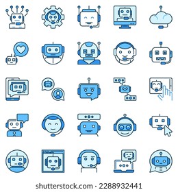 Chatbot blue icons set. AI Cute Chatbots Robots concept creative signs collection. Chat Bot Heads symbols