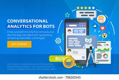 Chatbot business concept. Messenger window. Chating and messaging concept. Chatbot and future marketing analytics. Dialog box of mobile phone. Smartphone on a blue background. Vector illustration