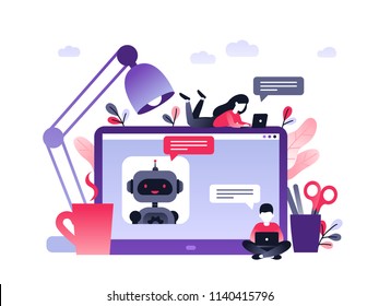 Chatbot Business Concept. Modern Banner For The Site. Chatbot, Artificial Intelligence, Customer Support. Dialog Box Of Computer On Desk And Small People. Ultra Violet Flat Vector Illustration.