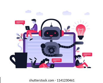 Chatbot Business Concept. Modern Banner For The Site. Chatbot, Artificial Intelligence, Customer Support, Hotline With Bot. Ultra Violet Flat Vector Illustration With Computer On Desk An Small People