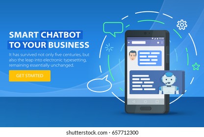 Conceito de negócios do Chatbot. Banner moderno para o site. Chatbot e futuro conceito de marketing. Caixa de diálogo do telefone celular. Smartphone em um fundo azul. Ilustração vetorial