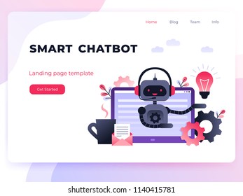 Chatbot business concept. Modern landing page template. Chatbot, artificial intelligence, customer support, hotline with bot. Ultra violet flat vector illustration with computer on desk.
