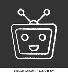 Chatbot chalk icon. Talkbot. Modern robot. TV laughing chat bot. Virtual assistant. Conversational agent. Isolated vector chalkboard illustration