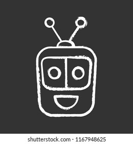 Chatbot chalk icon. Talkbot. Modern robot. Square head laughing chat bot. Virtual assistant. Conversational agent. Isolated vector chalkboard illustration