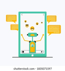 Chatbot character communication Simulated question or answer service. Customer having Dialog with Chat Bot on Smartphone. Flat Isometric Vector Illustration.