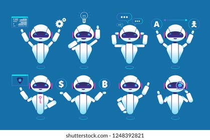 Chatbot character. Cute robot online chat robot in different poses. Chatterbot vector isolated set