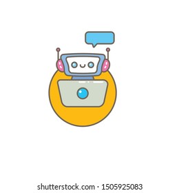 chatbot character with notebook or intelligent assistant with speech bubble isolated on white background. Vector Funny robot assistant, chatter bot, helper chatbot logo or label 