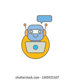 chatbot character with notebook or intelligent assistant with speech bubble isolated on white background. Vector Funny robot assistant, chatter bot, helper chatbot logo or label 