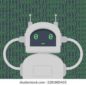 Chatbot character on green background with binary code. Cartoon drawing of comic robot or cyborg for chatting. Robotics, technology, programming, artificial intelligence, engineering concept