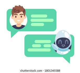 Chatbot character. Online helper chatting with man, virtual robot answers questions by customer, device screenshot with speech bubbles and avatars, dialog help service flat vector concept