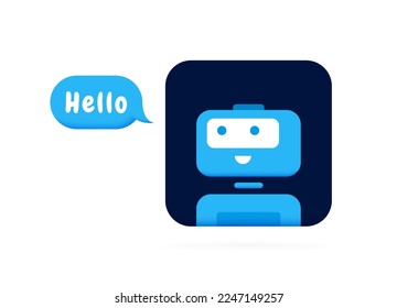 Chatbot character say HELLO. Cute 3d Bot sign. Chat bot logo design. Bot for online consultation and support service. Flat vector illustration.