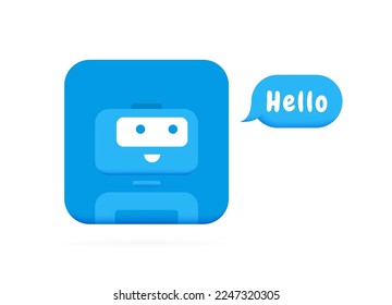 Chatbot character say HELLO. Cute 3d Bot sign. Chat bot logo design. Bot for online consultation and support service. Flat vector illustration.