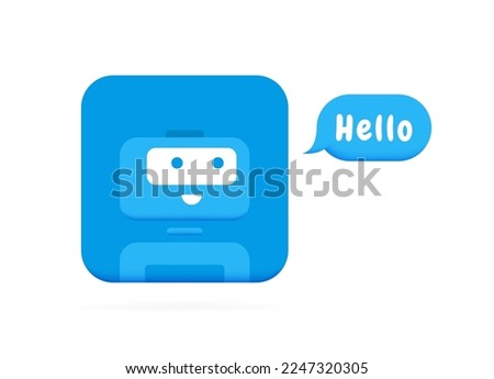 Chatbot character say HELLO. Cute 3d Bot sign. Chat bot logo design. Bot for online consultation and support service. Flat vector illustration.