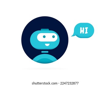 Chatbot character say HI. Cute 3d Bot sign. Chat bot logo design. Bot for online consultation and support service. Flat vector illustration.