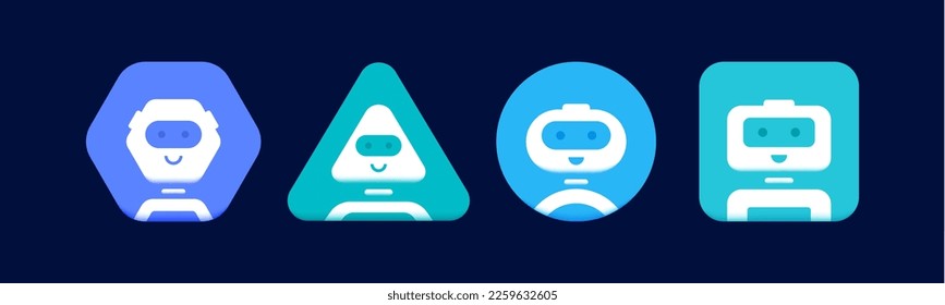 Juego de caracteres de robot de charla. Señal de robot 3d. Diseño del logotipo del robot de chat. Bot para consulta en línea y servicio de apoyo. Ilustración vectorial plana.