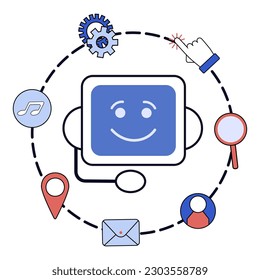 Chatbot character and social media symbols vector illustration. Cartoon drawing of AI chat robot with different applications or icons. Technology, communication, artificial intelligence concept