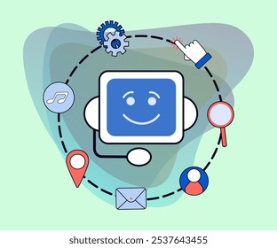 Chatbot character and social media symbols vector illustration. Cartoon drawing of AI chat robot with different applications or icons. Technology, communication, artificial intelligence concept