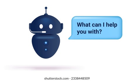 Chatbot character vector - Illustration of robot assistant with speech bubble saying what can I help you with. Semi flat design with white background 