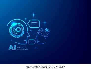 chatbot, charla con ai. Bot de chat digital. El robot humano pregunta. Conversación de bots. El robot de chat inteligente ai se comunica con el humano. Fondo azul de la tecnología de inteligencia artificial. Cartel, portada, afiche, anuncios