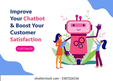 Chatbot, chat bot, robot development, customisation services landing page, banner design with cute funny robot and two women, female developers, flat style vector illustration