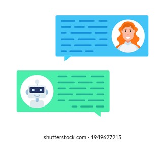 Iconos de bots de charla y chats. Idea de diálogo automático de internet con inteligencia de computadora. Icono femenino. Vector.