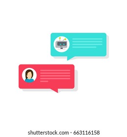 Chatbot and chat bubble notices icons vector, flat style bot and person messaging bubbles note, idea of internet automatic dialog with computer intelligence, future communication, conversation, talk