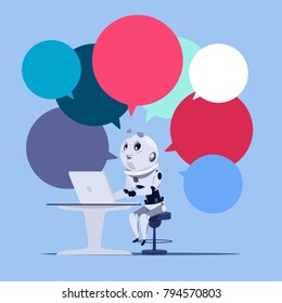 Chatbot Or Chatter App Cute Robot Use Laptop Computer Template Banner With Colorful Chat Bubbles Chatterbot Technology, Virtual Technical Support Service Concept Flat Vector Illustration