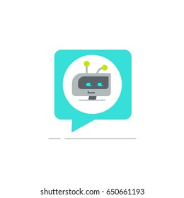 Robot en chats icono del vector del habla de burbujas, logo del servicio de chat bot aislado en fondo blanco, cabeza robot 