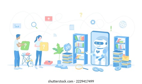 Chatbot, Chatting, Atención al cliente, servicios de ayuda, asistente de IA. Mujer y hombre hacen preguntas, hablando con un robot chatbot en una aplicación para smartphones. Estilo plano de ilustración vectorial.	
