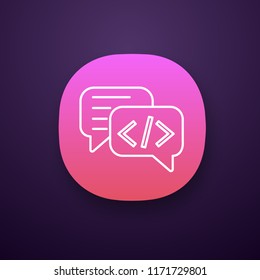 Chatbot coding app icon. UI/UX user interface. Talkbot with chip insert. Codebot. Code writing virtual assistant. Online helper. Web or mobile application. Vector isolated illustration