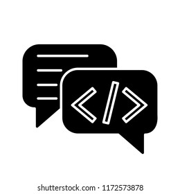 Chatbot coding glyph icon. Silhouette symbol. Talkbot with chip insert. Codebot. Code writing virtual assistant. Online helper. Negative space. Vector isolated illustration