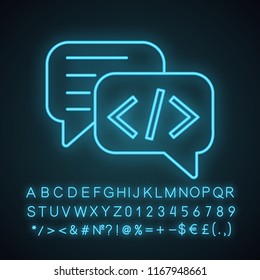 Chatbot coding neon light icon. Talkbot with chip insert. Codebot. Code writing virtual assistant. Online helper. Glowing sign with alphabet, numbers and symbols. Vector isolated illustration