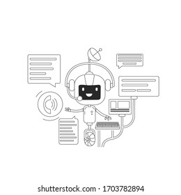 Chatbot communication app thin line concept vector illustration. Online chatting application. Internet support service robot 2D cartoon character for web design. Talk bot creative idea