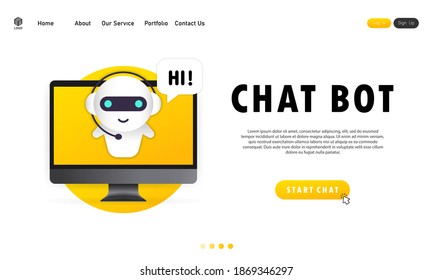 Bot en la ilustración de la computadora. Plantilla de página de inicio del bot asistente en línea. Diálogo, mensaje. Apoyo técnico. Para la página web. Vector de fondo blanco aislado. EPS 10