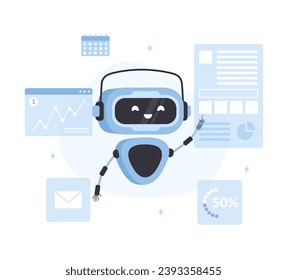 Chatbot concept. AI business assistant. Online customer support. Virtual robot analyses data. Artificial intelligence. Modern technology. Vector illustration in flat cartoon style.