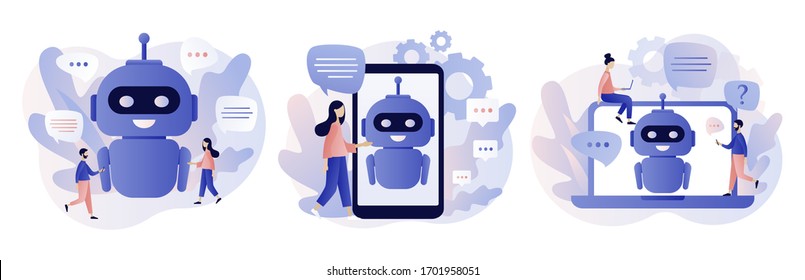 Chatbot concept. AI robot assistant, online customer support. Tiny people chatting with chatbot application. Modern flat cartoon style. Vector illustration on white background