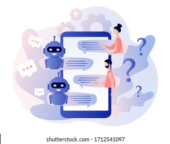 Chatbot concept. AI robot assistant, online customer support. Tiny people chatting with chatbot application. Modern flat cartoon style. Vector illustration on white background