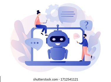 Chatbot concept. AI robot assistant, online customer support. Tiny people chatting with chatbot in laptop. Modern flat cartoon style. Vector illustration on white background