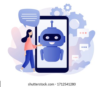 Chatbot concept. AI robot assistant, online customer support. Tiny girl chatting with chatbot application. Modern flat cartoon style. Vector illustration on white background