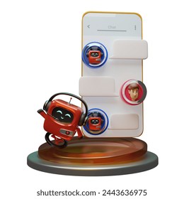 Chatbot concept. AI robot assistant, online customer support. Tiny people chatting with chatbot application. Modern 3D cartoon style. 