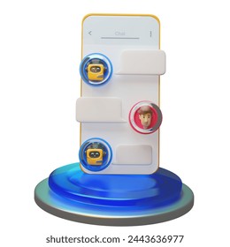 Chatbot-Konzept. KI-Roboter-Assistent, Online-Kundendienst. Kleine Leute, die mit Chatbot-Anwendung chatten. Moderner 3D-Cartoon-Stil. 