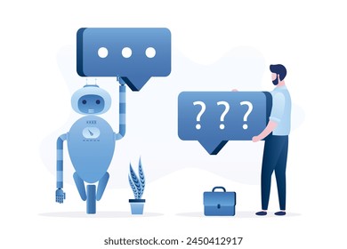 Chatbot, Konzepthintergrund. Dialog mit Client, Hilfe-Service. Kunde hält Fragen-Sprechblase. Hilfe-Bot, Online-Support. Rückmeldung, Hotline, Technologie von 24 Stunden Support. Vektorillustration