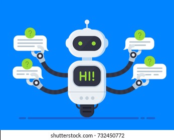 Chatbot concept. Bot answers questions from several users at the same time. Chat bot holds speech bubbles and show hi on screen inside itself. Customer service robot. Vector illustration in flat style