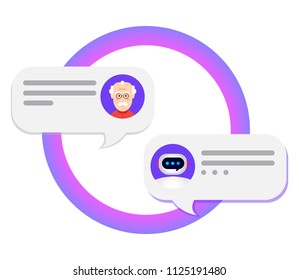 Chatbot concept. Bot chatting with man . Online conversation with texting message. Vector illustration in flat design style