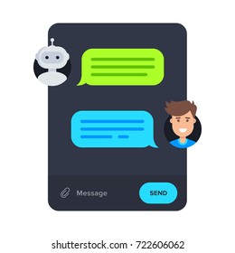 Chatbot concept. Cartoon messenger vector design. Man chatting with robot in messenger app. Vector illustration in flat style