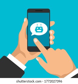 Chatbot concept. Chatting between robot and human. Smartphone with robot avatar. Modern design of messaging bubbles and dialog boxes. Vector illustration. in a trendy flat style.