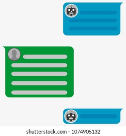 Chatbot concept. Customer service robot. Man chatting with chat bot. User ask robot the question and get an answer. Change settings with bot. Conversation with chat bot. Vector illustration
