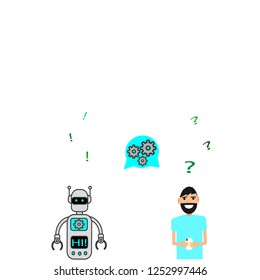 Chatbot concept. Customer service robot. Man chatting with chat bot. User asks robot the question and gets an answer.